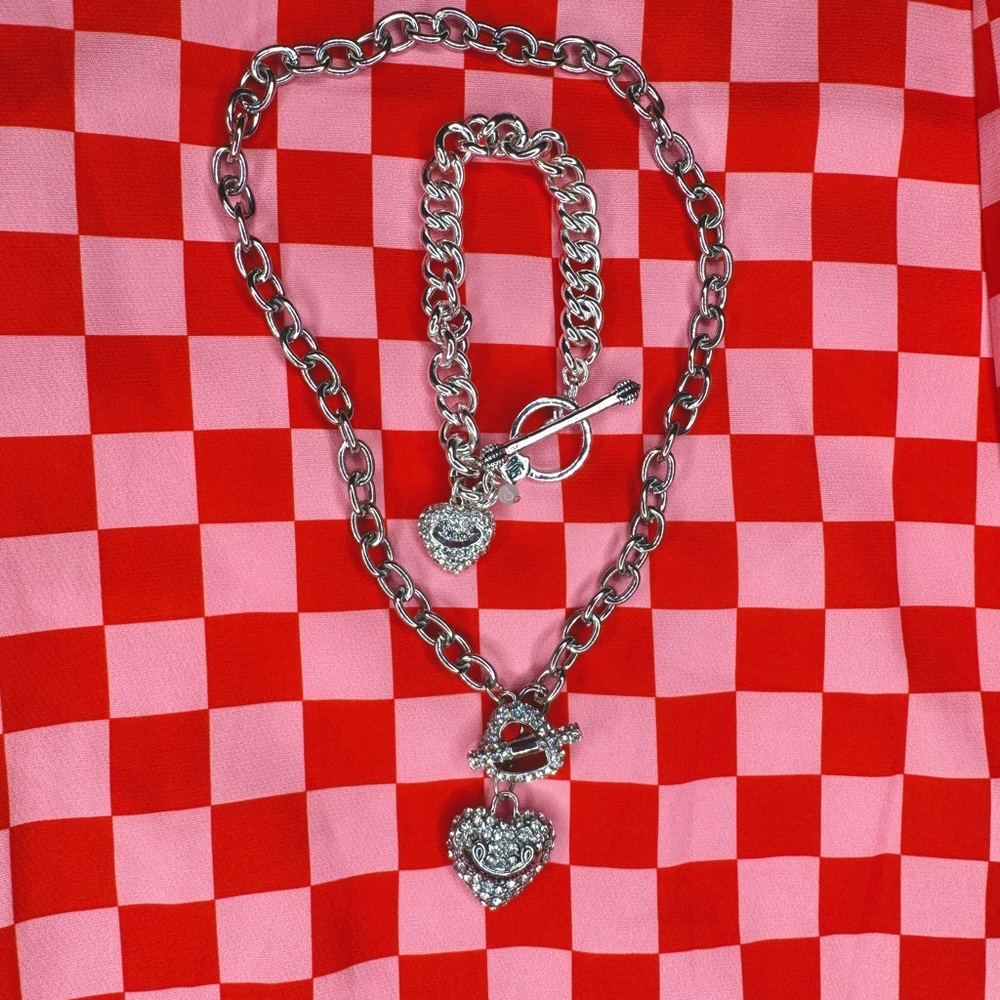 Juicy Couture Heart Rhinestoned Toggle Necklace and Bracelet Set Y2K